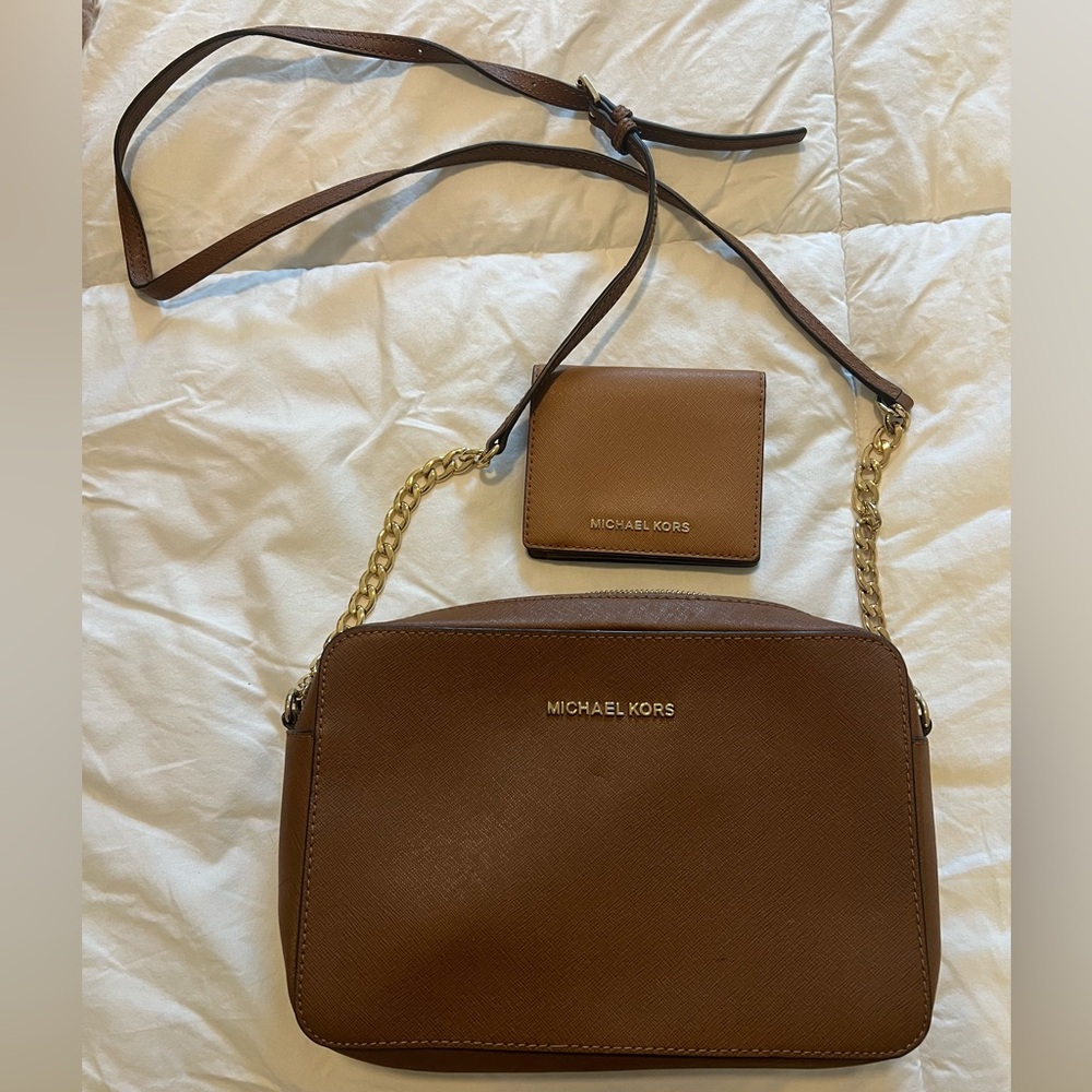 Michael Kors Brown Leather Crossbody with Matching Card Wallet